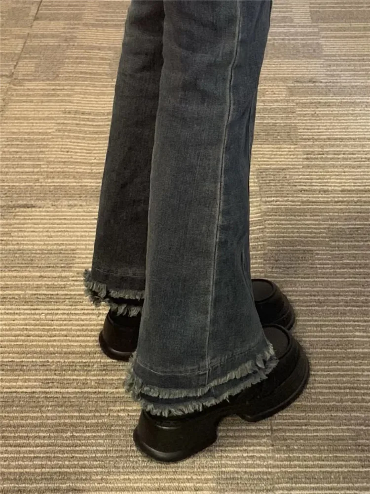 

Женские джинсы с высокой талией, расклешенные, удлиненные, с эффектом похудения, с рваным краем, винтажные синие, широкие повседневные брюки из денима