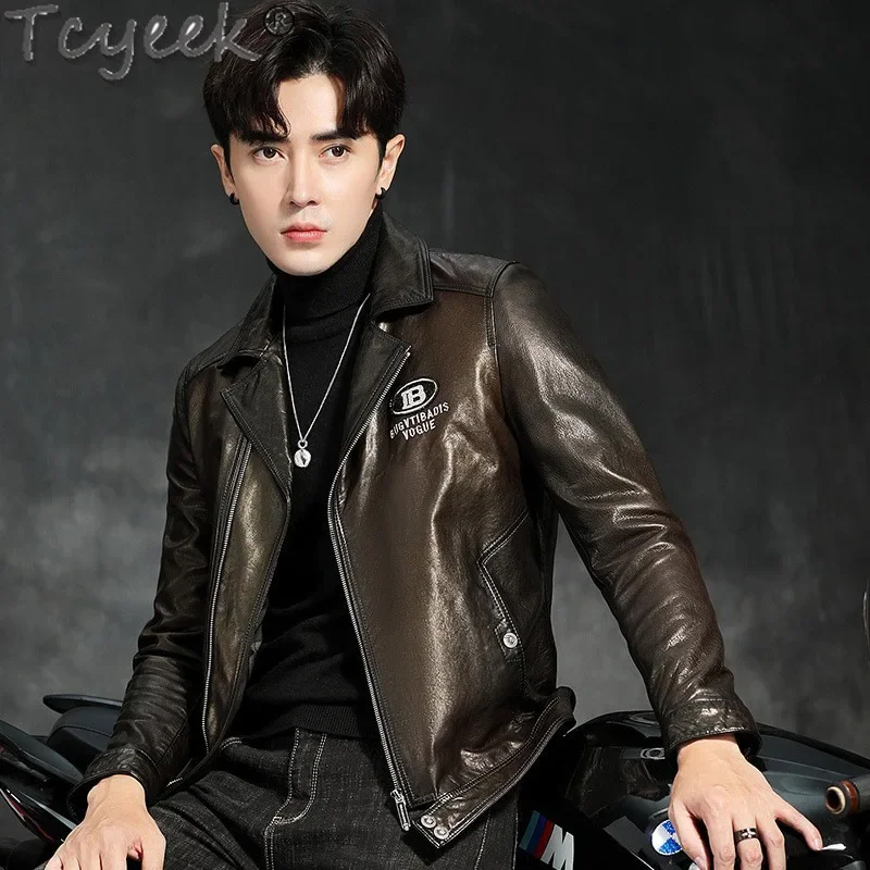 Tcyeek Oil Wax Real Leather Jacket Men Streetwear Sheepskin Coats Spring Autumn Clothes Men's Motocycle Jackets Jaqueta Couro