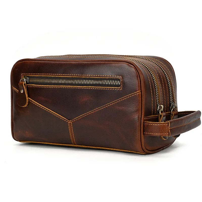 Sac à Main en Cuir group pour Homme et Femme, Accessoire de Rangement de Grande Capacité, Double Fermeture Éclair, Trousse de Maquillage Décontractée, Trousse Cosmétique