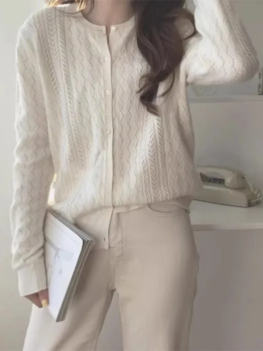 

Women's Hollow out Knitted Long Sve round Ne Base Layer Cardigan Spring Autumn White Sweater Coat Casual Faion Top