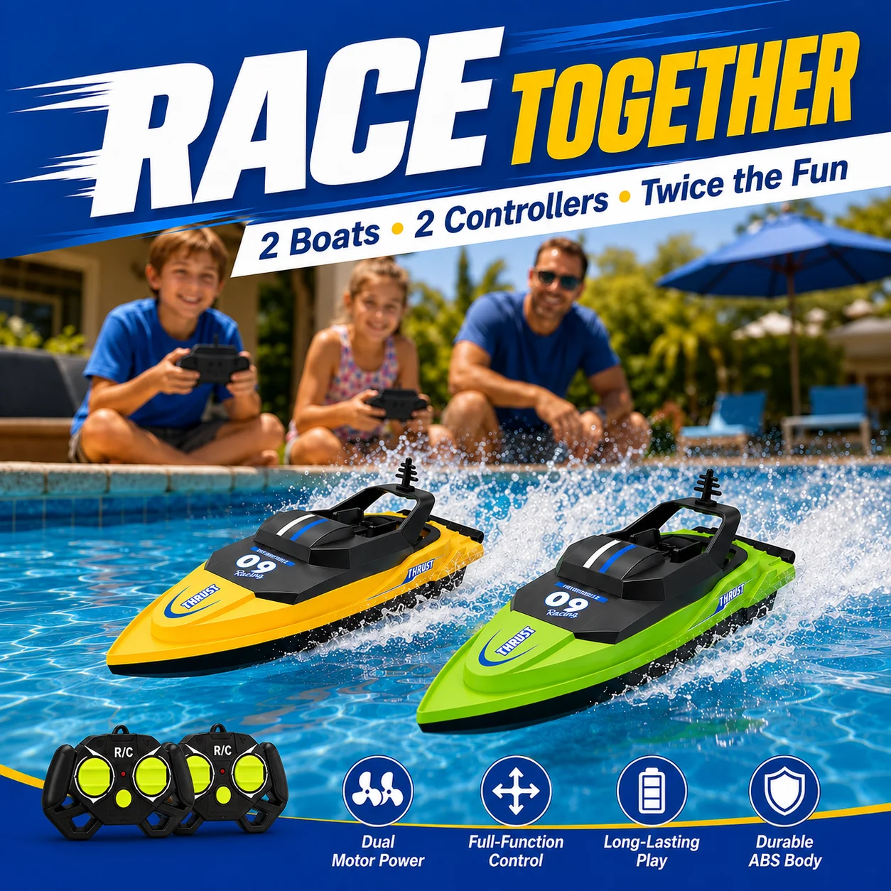 2.4G RC Boat High Speed Remote Control Boat Waterproof Dual Motor Racing Speedboat for Kids Boys Pool Lake Outdoor Water Toy