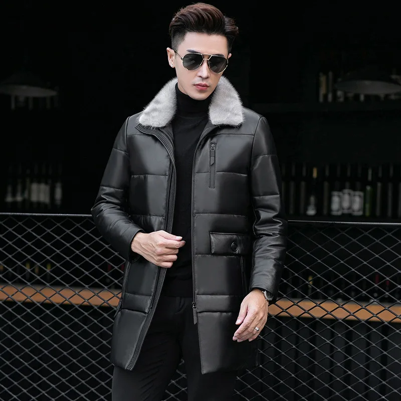 Tcyeek Genuine Leather Down Jacket Sheep Leather Jacket Mink Fur Collar Mid Length Coats Winter Warm Puffer Jacket 2026 Jaquetas