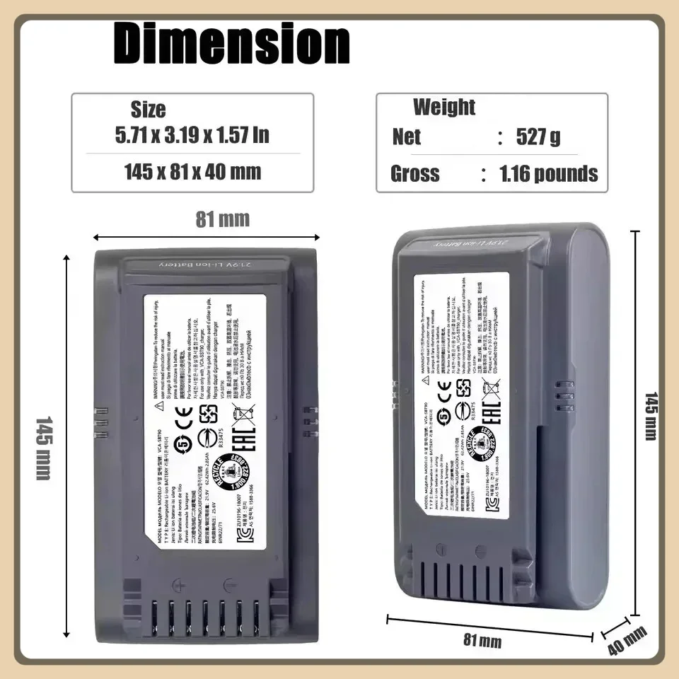 21.6V 5000mAh Li-ion Battery for Jet 90 & Jet 75  Stick Vacuums, Fits VCA-SBT90/XAA, Reliable Replacement for Vacuum Power Needs