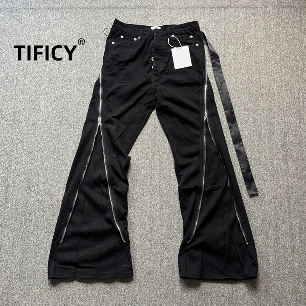 

High Street RO Style Jeans Pants Men's Five Star Mang Ribbon Rotating Large Zipper Floor Pulling Horn Denim Streetwear Pants