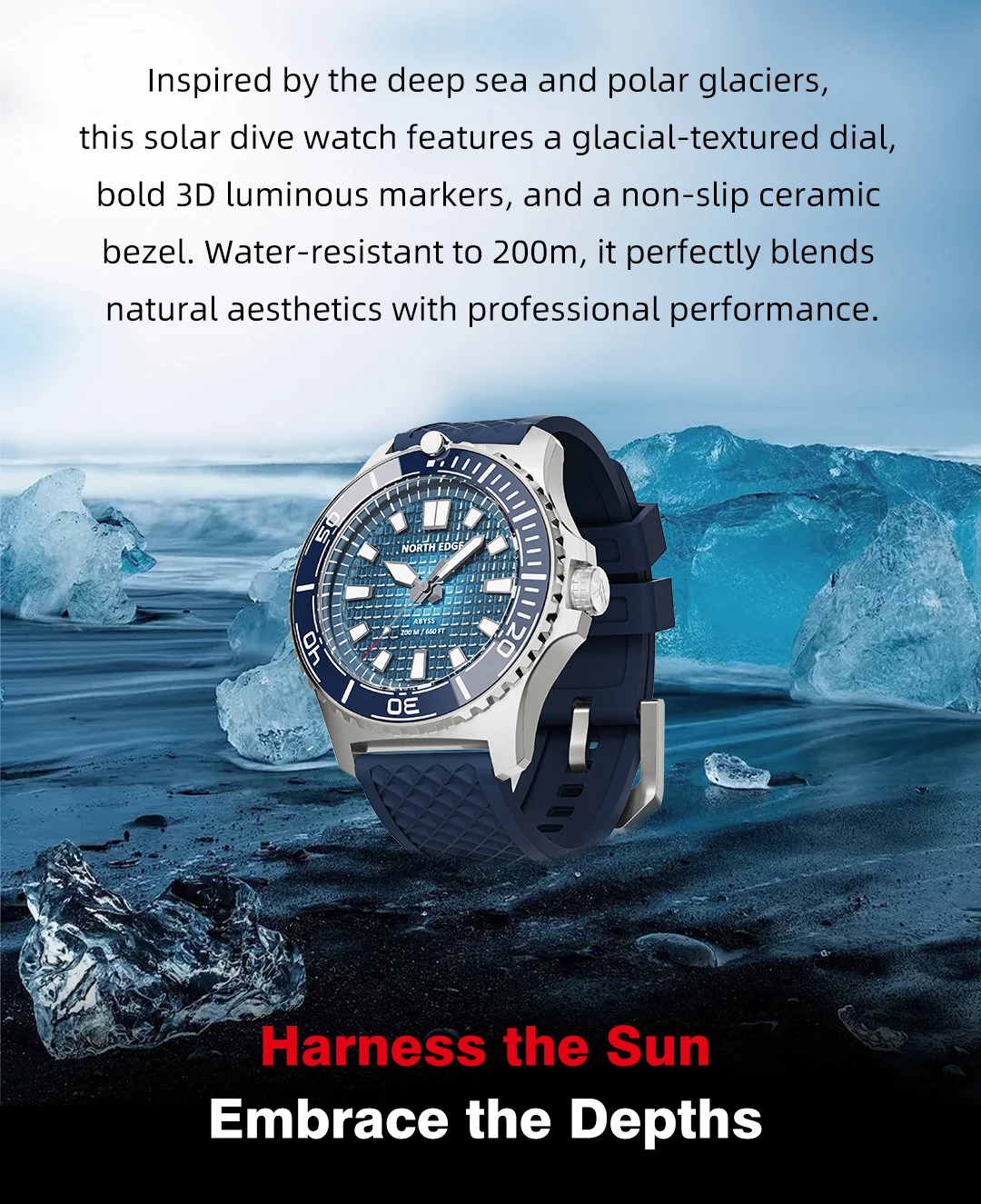 NORTH EDGE ABYSS Herren Quarzuhr Solarbetriebene Luxusuhr 200M Wasserdichte Taucheruhr 316L Stahlgehäuse 180+ Tage Energievorrat – Detail 2