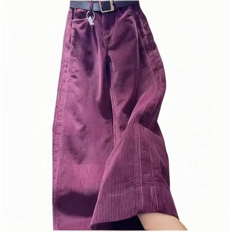 Purple Wide Leg Womens Pants Fashion New Loose Fit Corduroy Trousers Spring Autumn High Waist Casual Woman Clothing