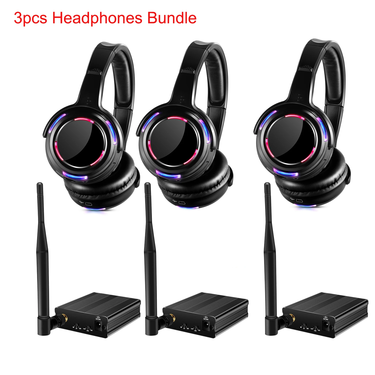 Professional UHF Silent Disco Wireless LED Headphones Bundle with 3 Receivers and 500m Distance Transmitter