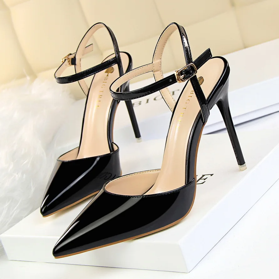 Women Sandals Patent Leather High Heels Pointed Toe Shallow Sandals Metallic Gold Silver Sexy Pumps Ankle Buckle Stiletto Sandal