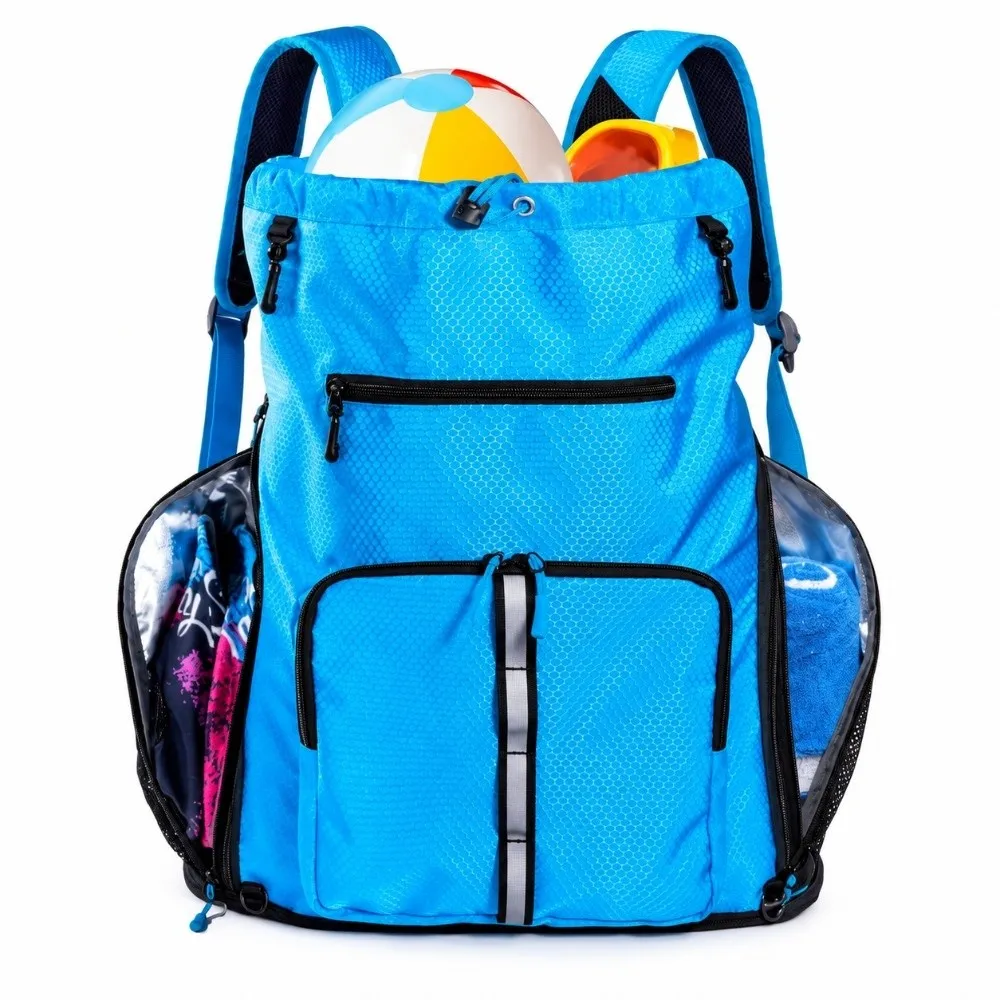 Water Resistant Beach Backpack Wet-Proof Pockets Detachable Mesh Bag Drawstring Sports Pack Shoe Compartment Adjustable Straps