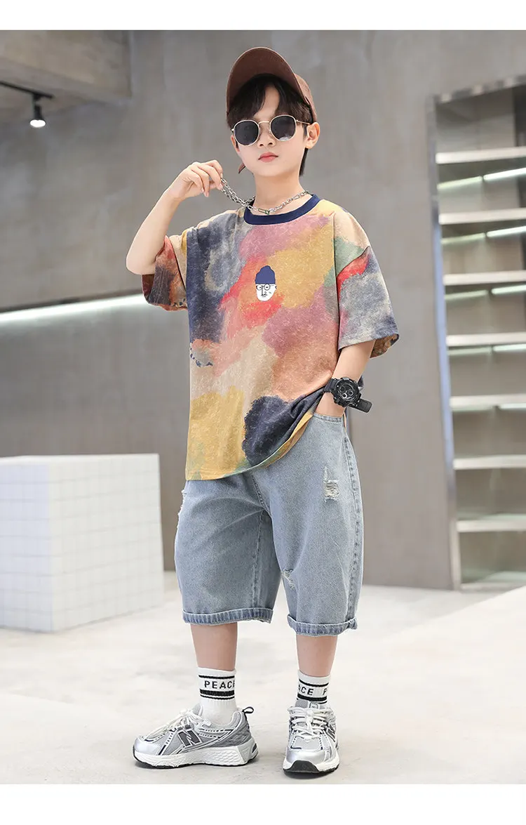 Sommer Tie-Dye Coole Kinder Jungen Freizeit-Oberteile Bedrucktes Trendiges Kinder-T-Shirt Kurzarm Teenager-T-Shirts Baumwoll-T-Shirt 4-14 Jahre Alt – Detail 8