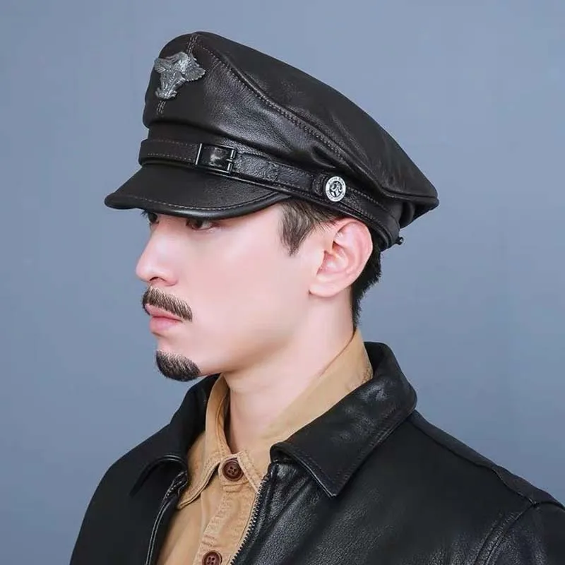 Retro German Military Caps For Men Male Genuine Leather Flat Top Hats European American Captain Locomotive Chapeau cowhide