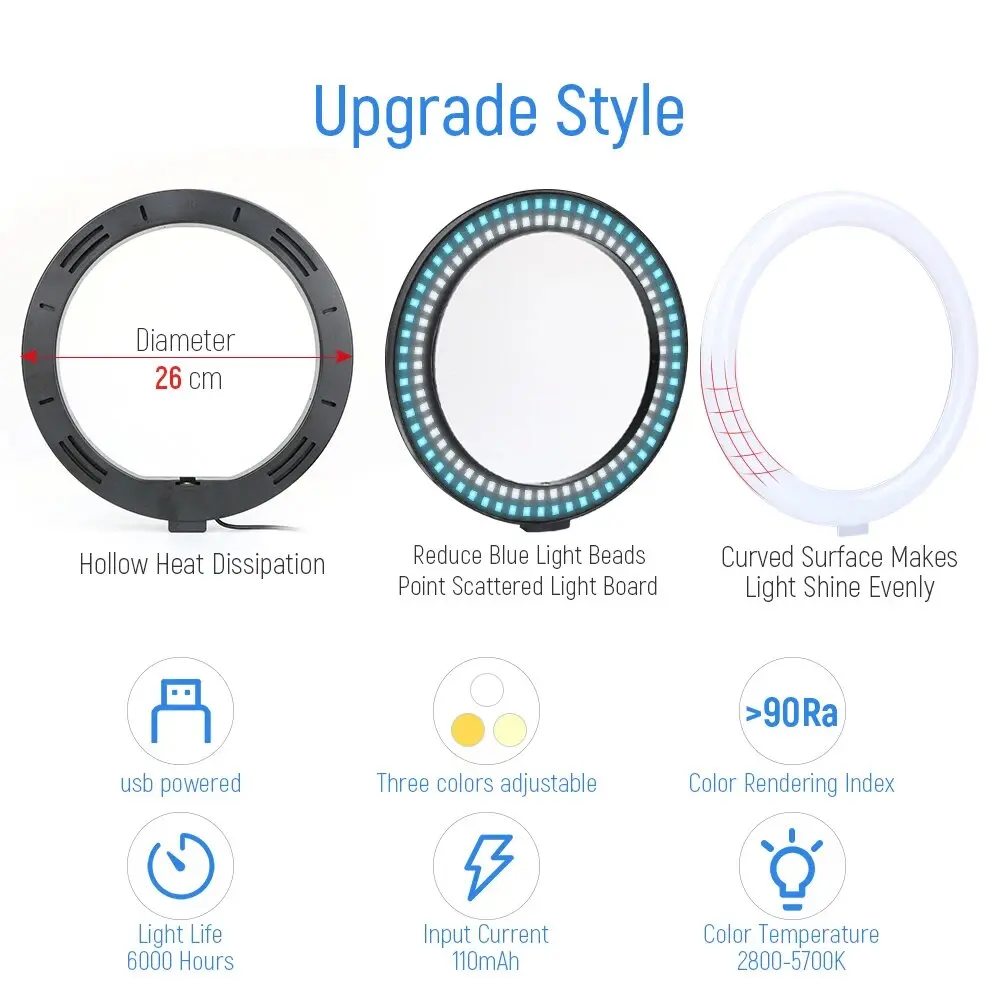 10'' LED Selfie Ring Light Dimmable Photography 26cm Fill Lamp with 55cm Desktop stand & Remote control For Youtube Tiktok Video