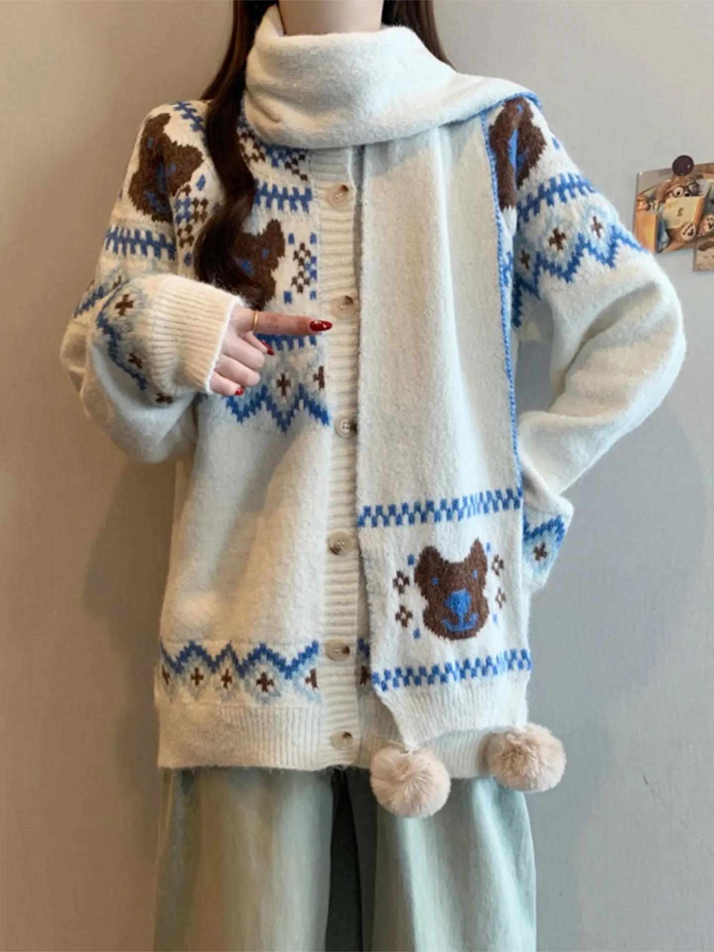 

Women's Knitted Cardigan Sweater Winter Loose Fit Cartoon Bear Pattern Long Sve Casual Sle Soft Cotton Outerwear