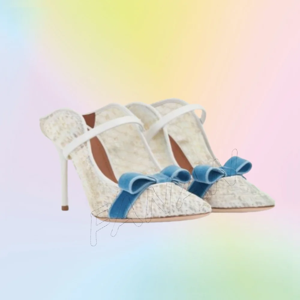Blue Bow Knot Beige Slippers Pumps Band Decor Sandals Heels Shoes Thin High Heel Shoes for Women 2025 Zapatos Para Mujere