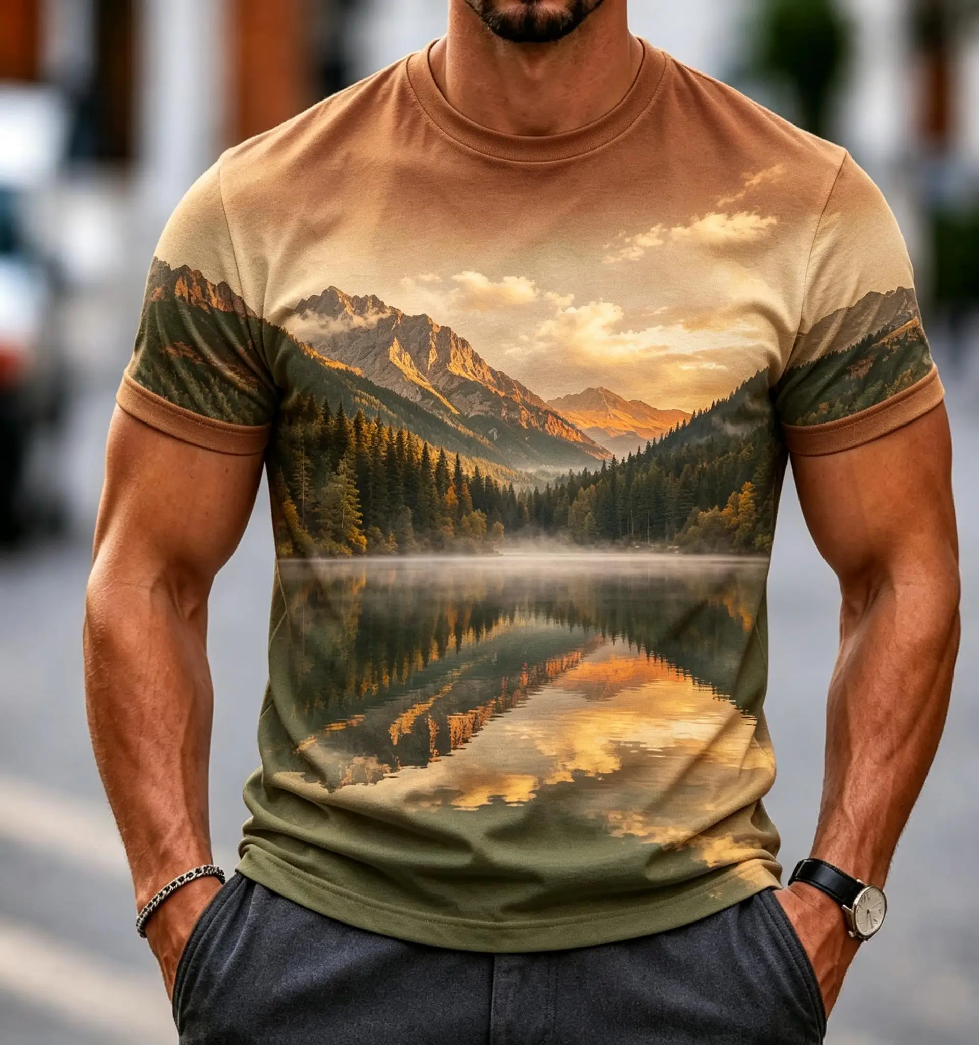 Men's 3D Mountain Lake Landscape Print T Shirt, Casual Round Neck Nature Scenery Short Sleeve Graphic Tops