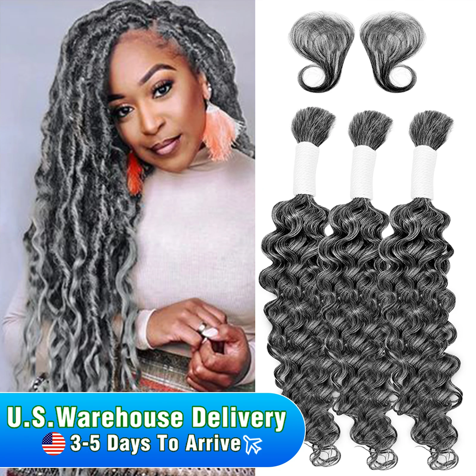 Boho Hair for Braiding, Deep Water Wave Braiding Hair, No Traft Hair, Grey Curly Braids