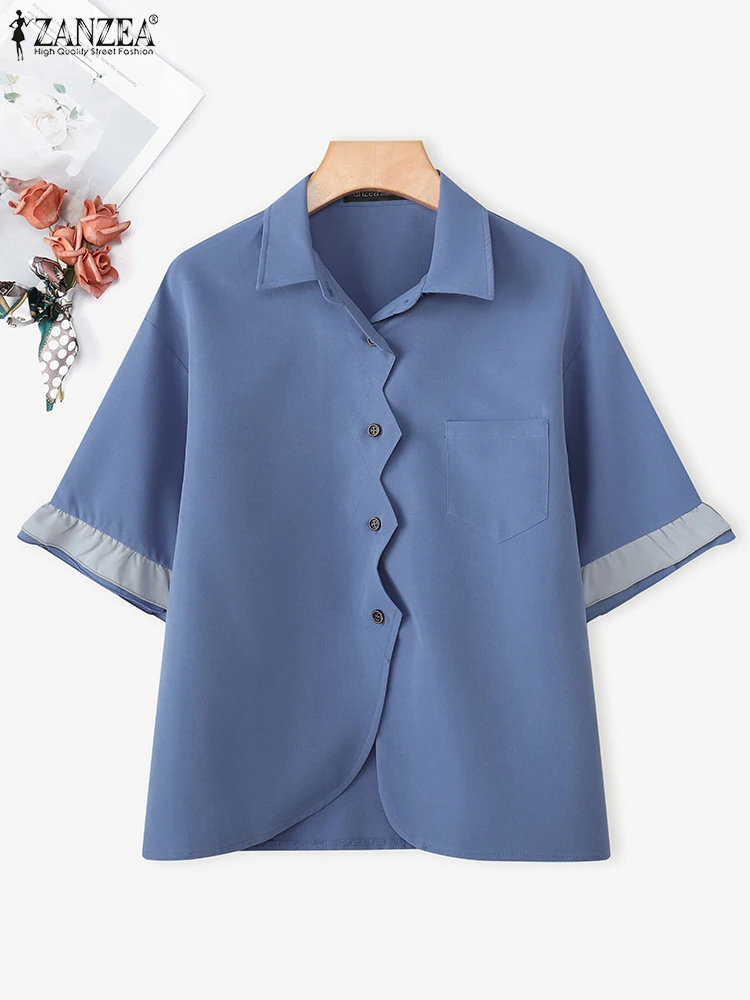 

ZANZEA Stylish Women Shirts 2025 Summer Short Sleeve Pockets Buttons Casual Blouse Lapel Color Patchwork Elegant Blusas Female