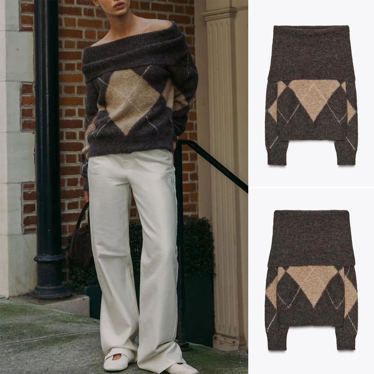 

Новый осенний вязаный длинный светящийся шар в рубчик с ромбовидным узором, женский модный свободный крой из полиэстера с колючками на одно плечо...