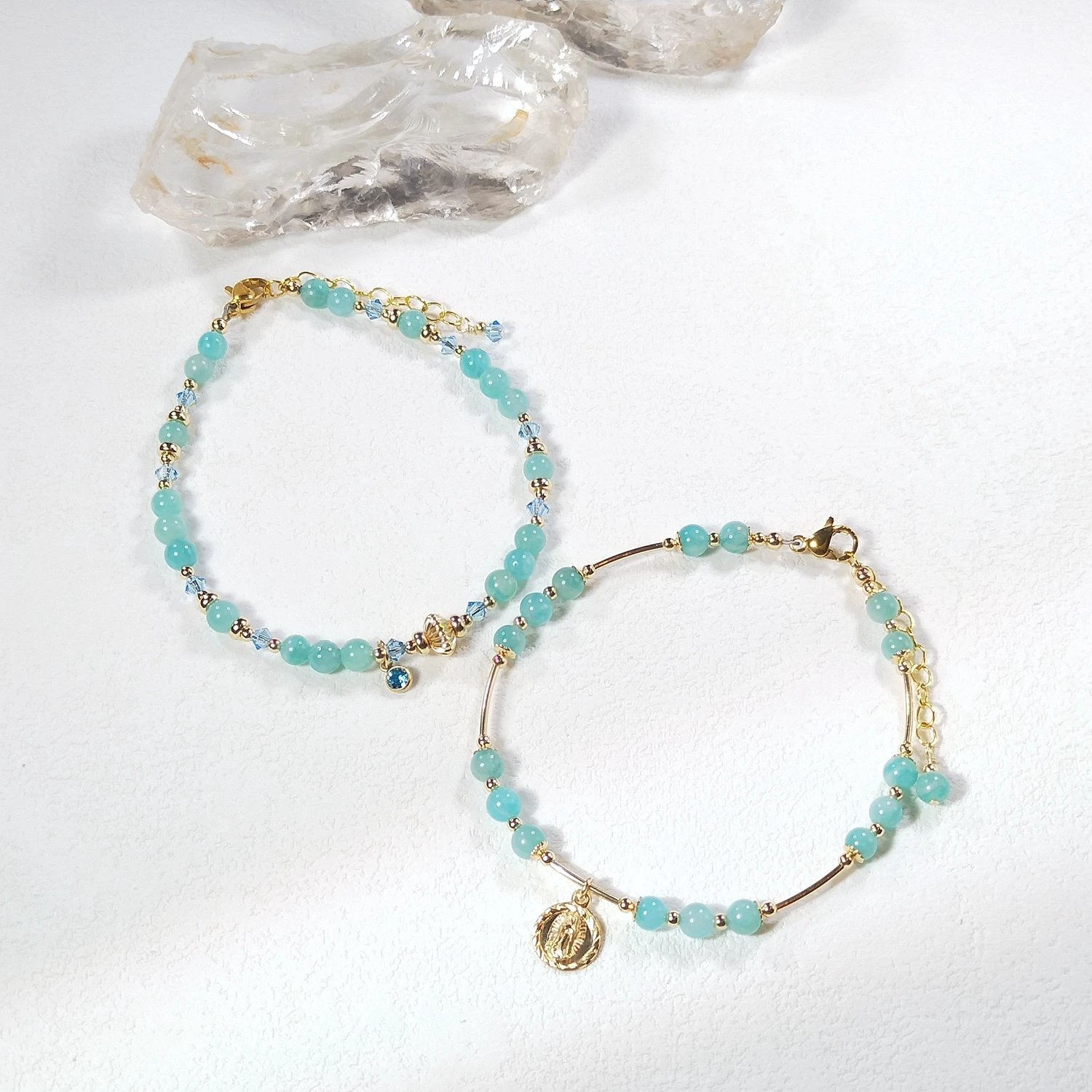 

Lii Ji Natural Amazonite 4mm American 14K Gold Filled Charms Bracelet Handmade Fashion Jewelry