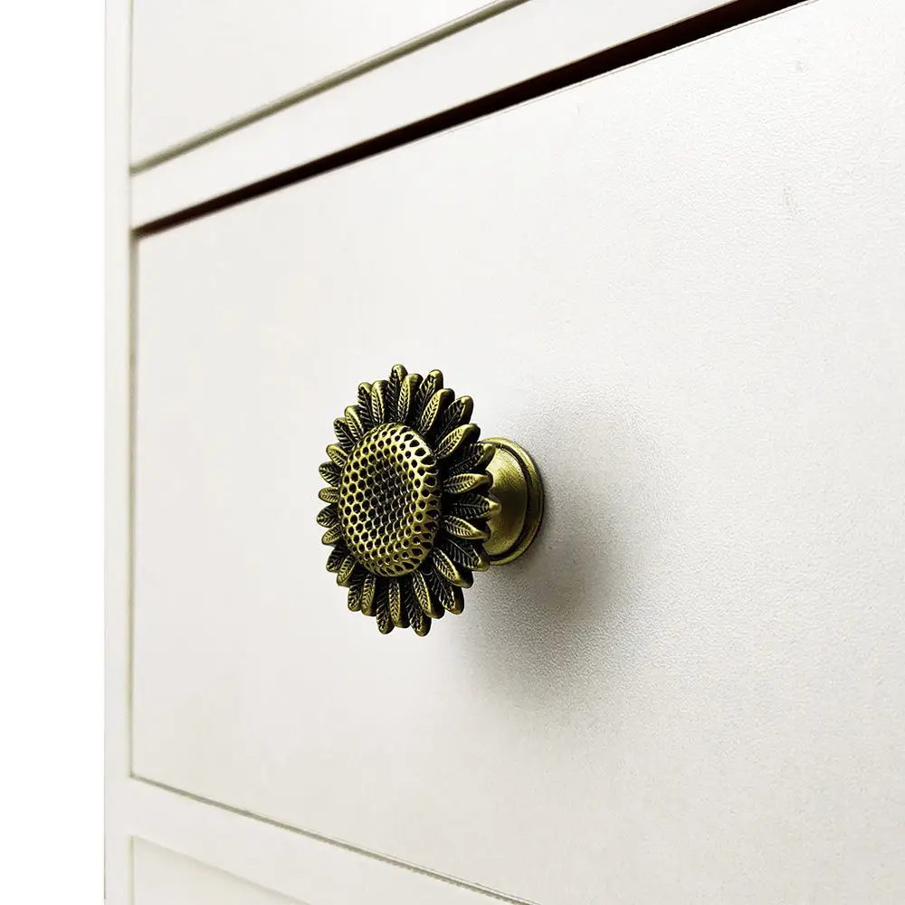 Antique Style Sunflower Cabinet Pull Zinc Alloy Drawer Handle Decorative Furniture Knob Metal Hardware For Interior Door