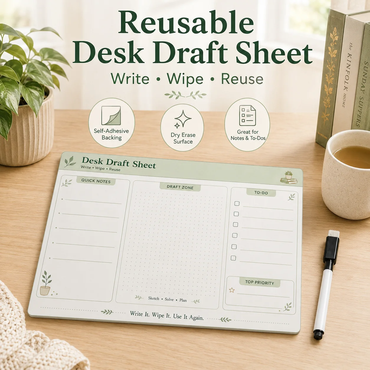 Reusable Dry Erase Desk Draft Sheet, Self-Adhesive Desktop Writing Mat with Marker for Notes To-Do Lists