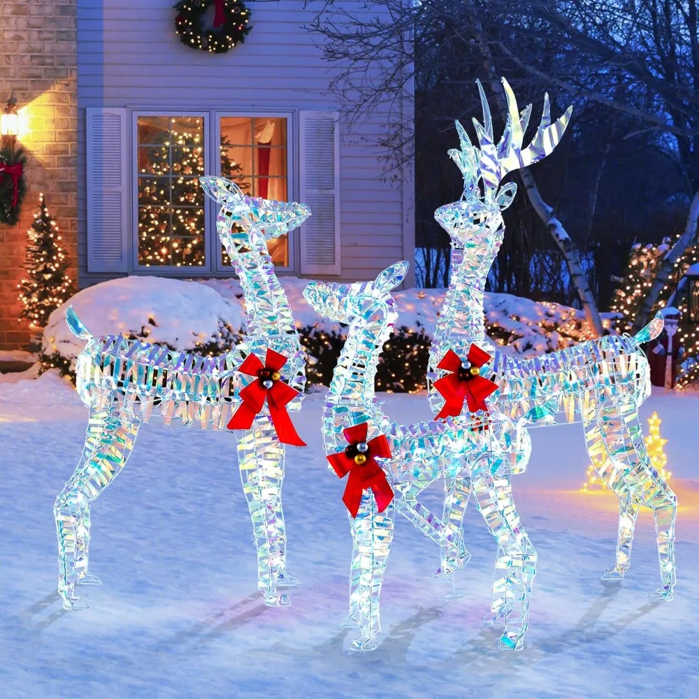 3-Piece Christmas Lighted Iridescent Reindeer Family Set, Xmas Pre-Lit Deer with 230 LED Lights, Ground Stakes