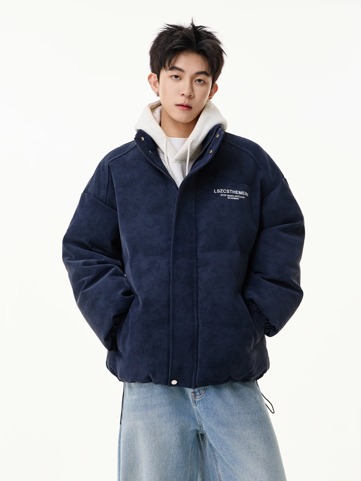 Jaket Pria Kulit PU Matte Katun Amerika, Model Trendy, Musim Gugur Musim Dingin, Baru, Longgar, Hangat, Kerah Tegak, Model Bread Coat