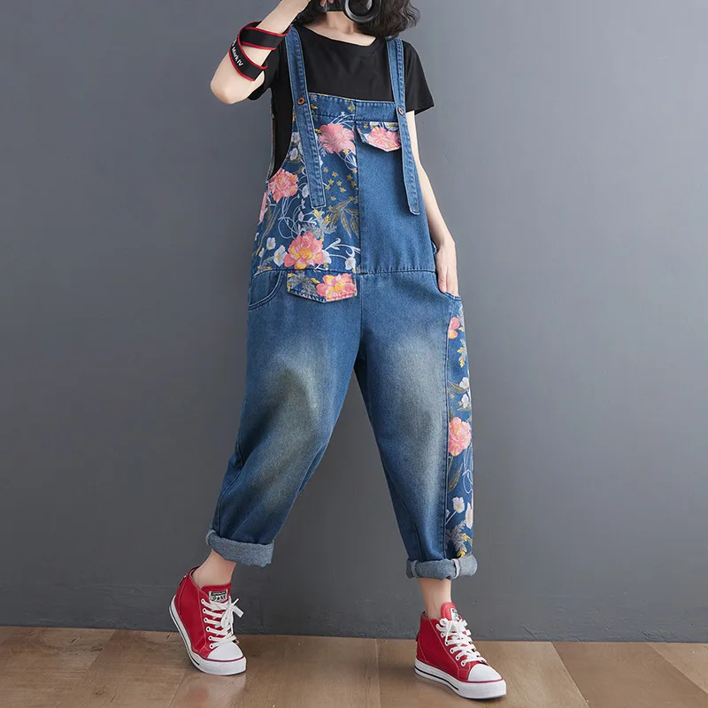 

Vintage Flowers Printed Jeans Jumpsuit For Women Casual Loose Suspenders Denim Rompers Female Overalls s127