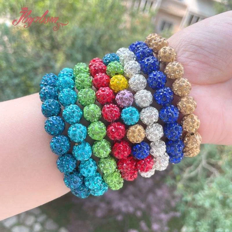 10mm Micro Pave CZ Disco Multicolor Crystal Rhinestones Elastic Bracelet Bangle Jewelry for Women Birthday Gift Adjustable 1 Pcs