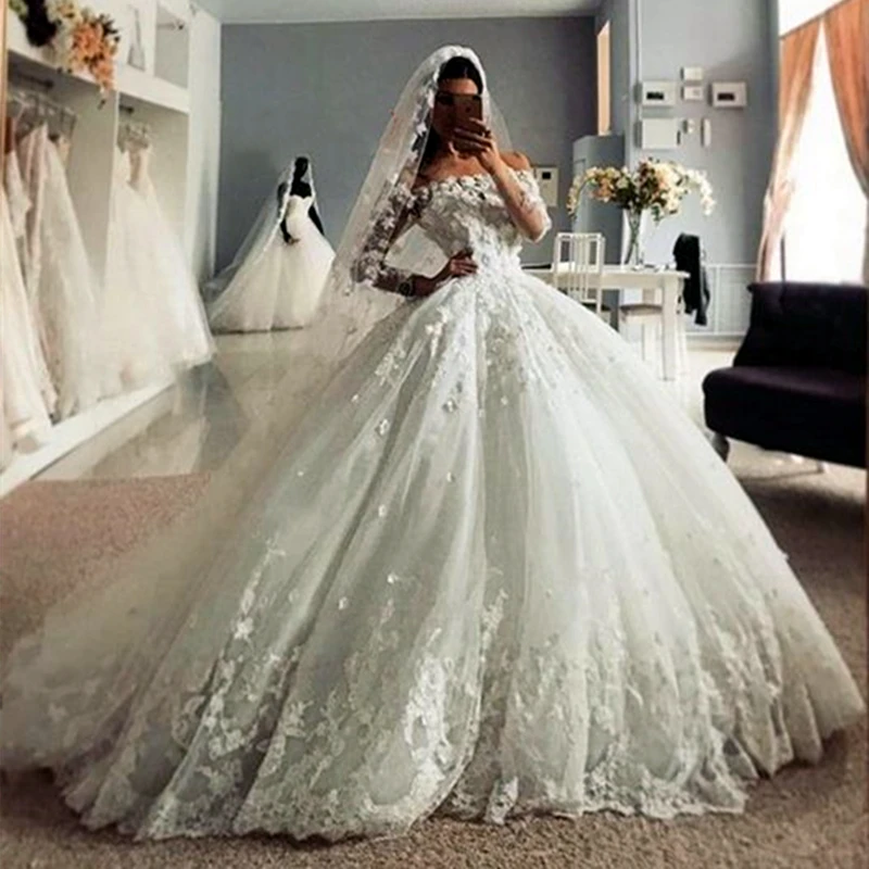 Long Sleeves Wedding Dresses Lace Applique Off The Shoulder Long Ivory Tulle Bride Gown Customized