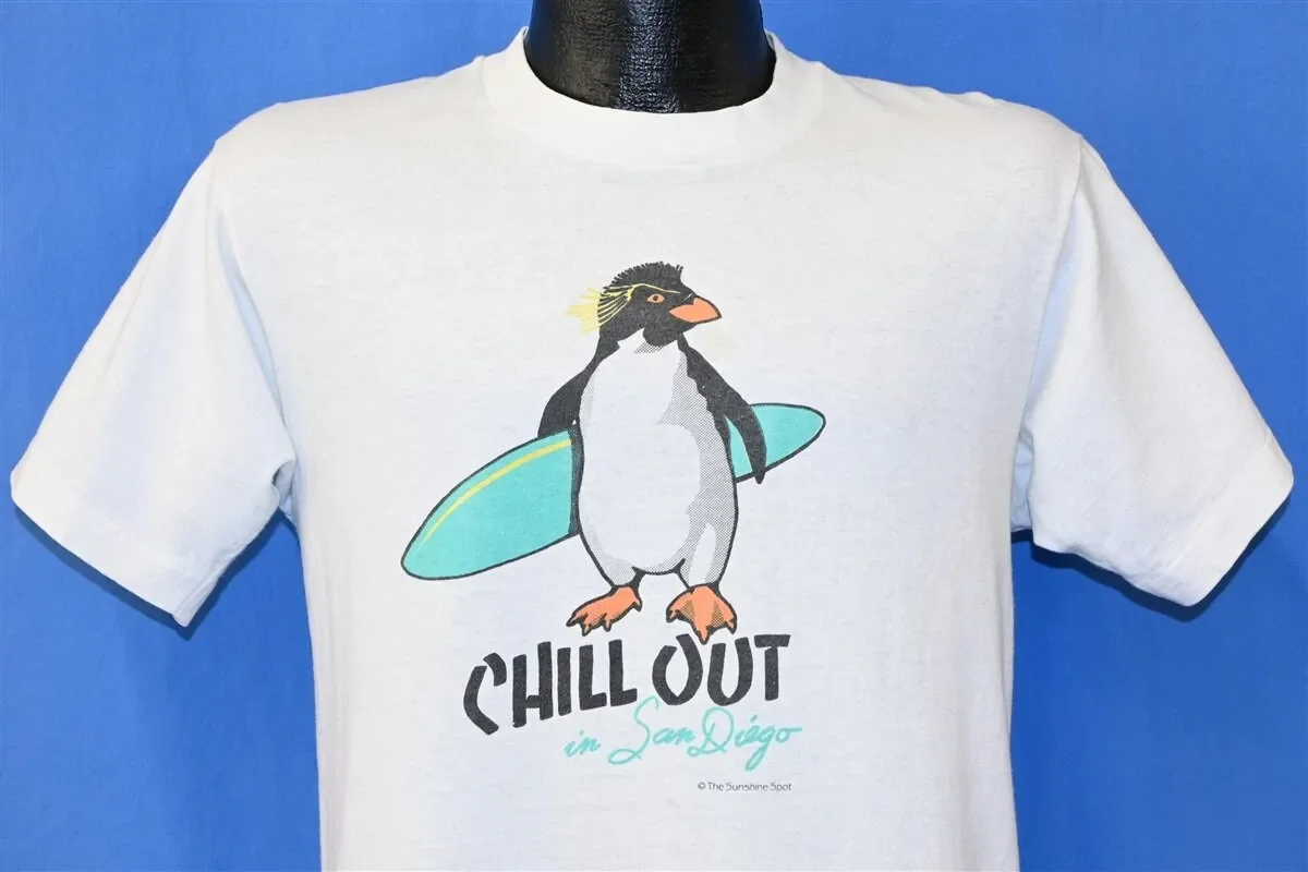 90s Chill Out San Diego California Surf Rockhopper Penguin T-shirt