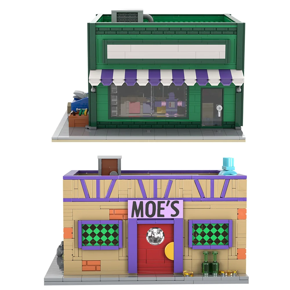

Gobricks MOC Simpsoned Anime Moe's Tavern Building Blocks Model Springfield Baseball Card Shop Modular Bricks Toys Kids Gifts