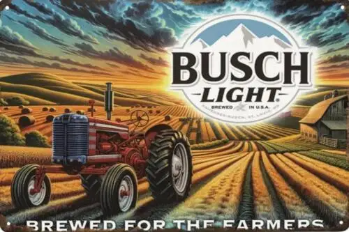 BUSCH LIGHT BEER METAL SIGN RED TRACTOR FARM SCENE BREWED FOR FARMERS BARN ART sign sign
