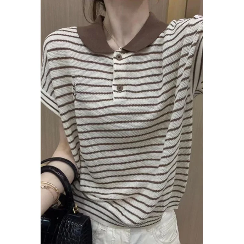 Ice Silk Knitted Short Sleeve T-shirt Women's Summer 2023 New Women's Clothing Design Sense Niche Striped Polo Collar Women's To