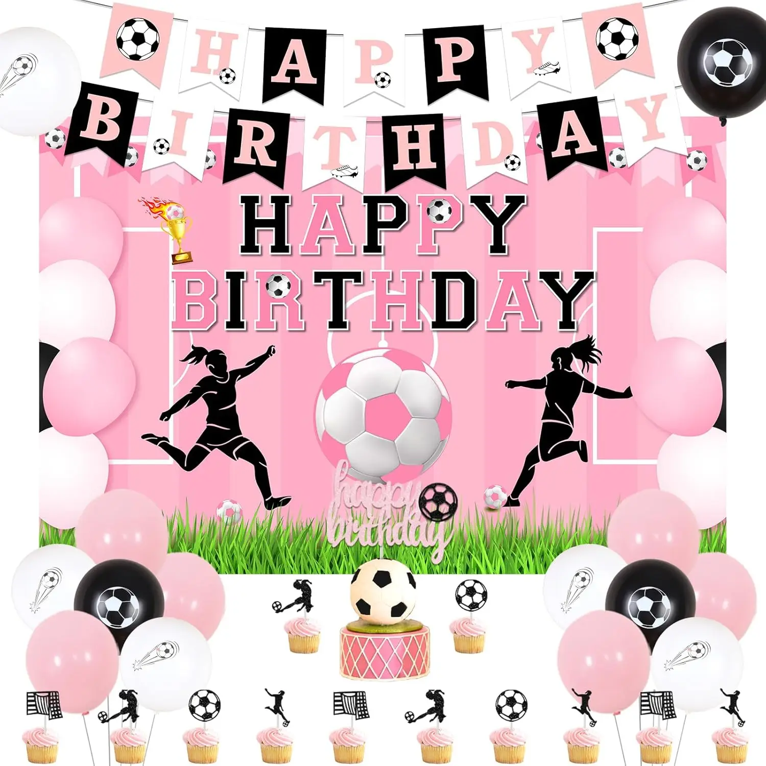 

Soccer Happy Birthday Decor Balloons Backdrop Banner Soccer Cake Cupcake Toppers Foil Balloons for Girl Sports Theme Party