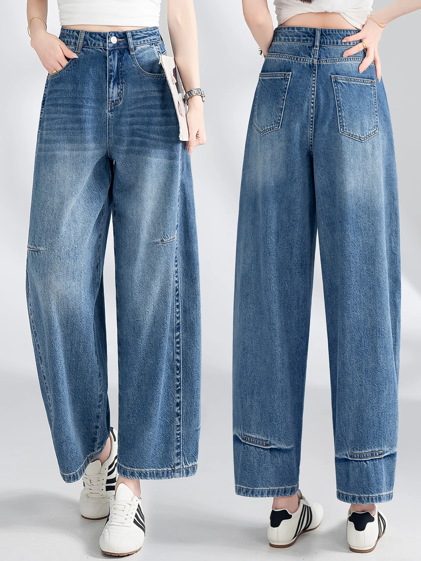 

High Waist Wide Leg Knife Denim Jeans Women Summer Thin New Style Nine Point Scythe Pants Casual Cotton Polyester Blend