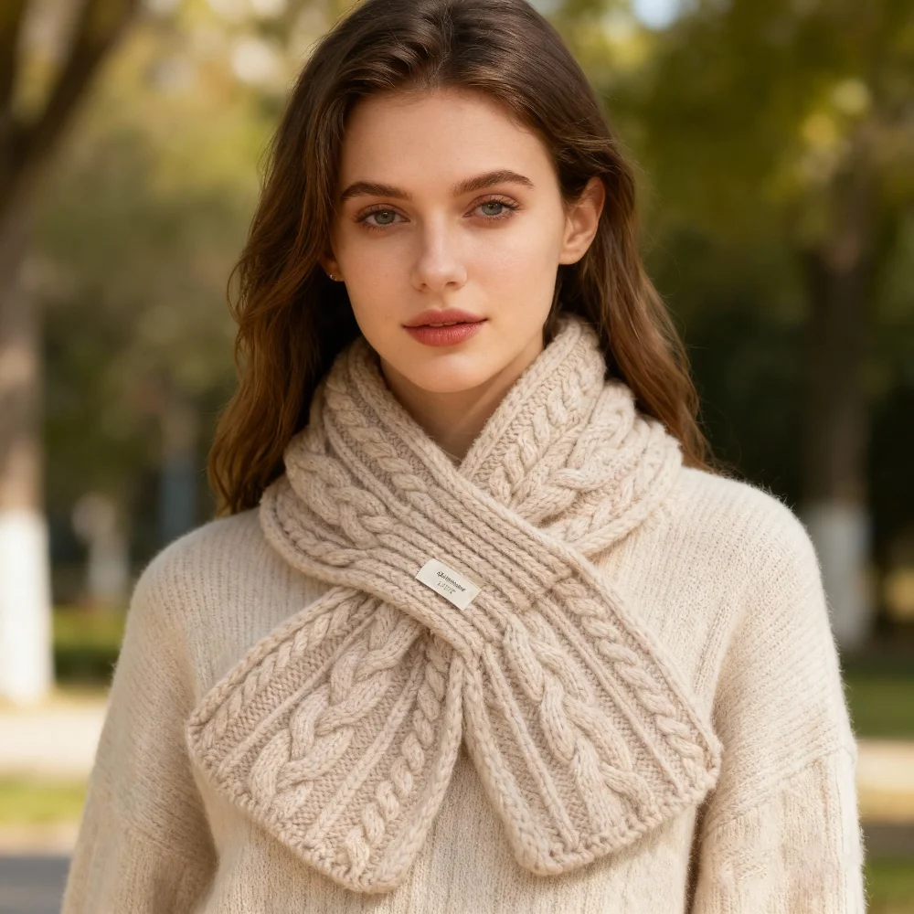 

Cozy Pure Wool Knit Scarf Cross Design Warm Neck Scarf Lightweight Twist Knit Neck Warmer Fashion Accessory