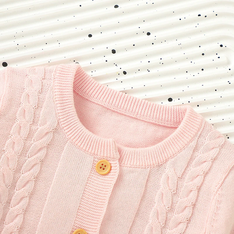 Single-Breasted Symmetrical Pocket O-neck Long Sleeve Baby Girls Cardigan Knitted Cotton Fried Dough Twists Type Babies Coat