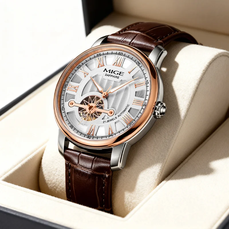 MIGE Men Mechanical Automatic Watch Partial Skeleton Roman Dial Two‑Tone Case Brown Leather Band Business Male Wristwatch