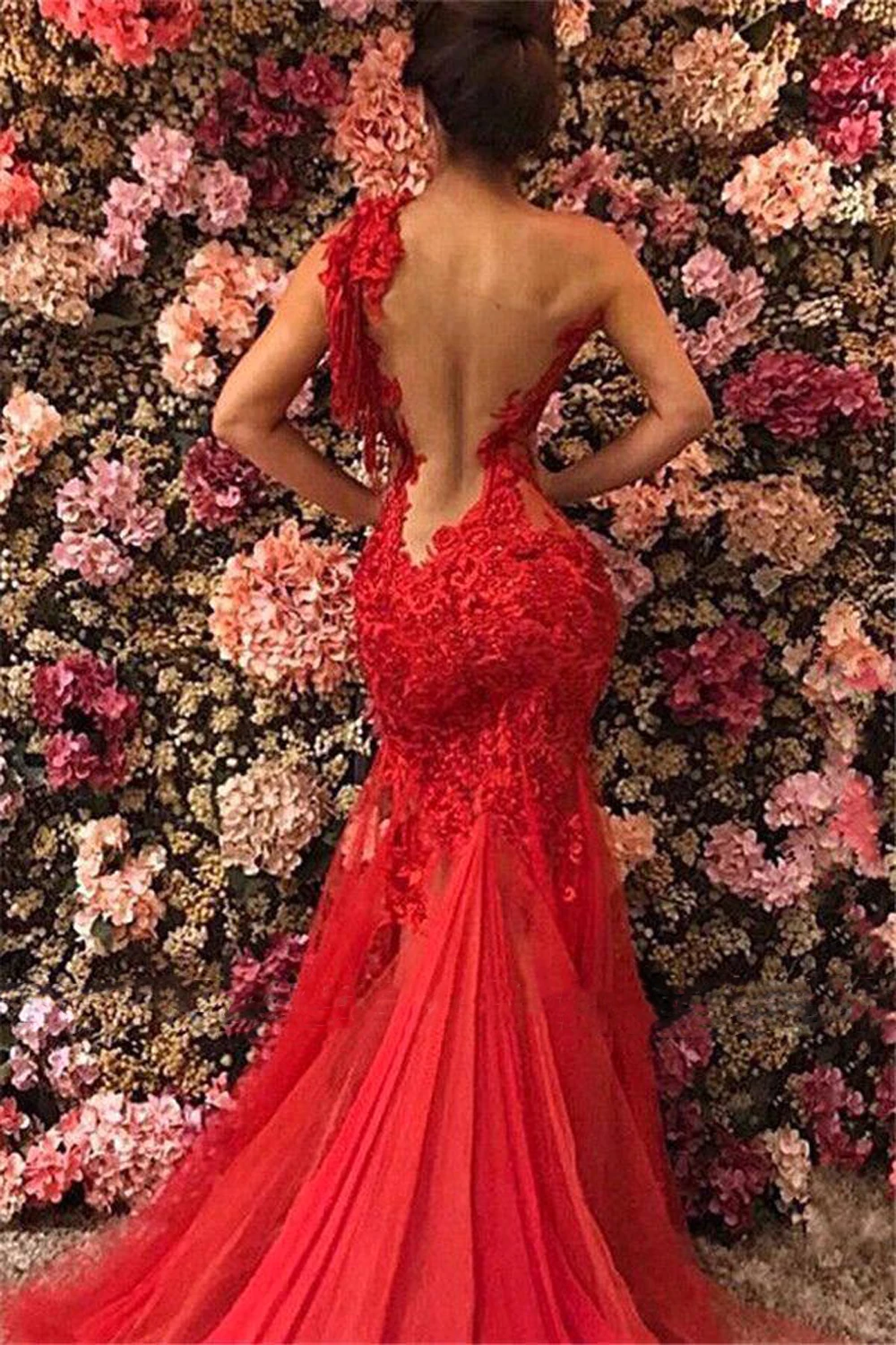 Prom Dresses Floor-length Red Long Mermaid One Shoulder Tulle Lace Prom Dress Sequined Sleeveless Formal Occasion Dresses