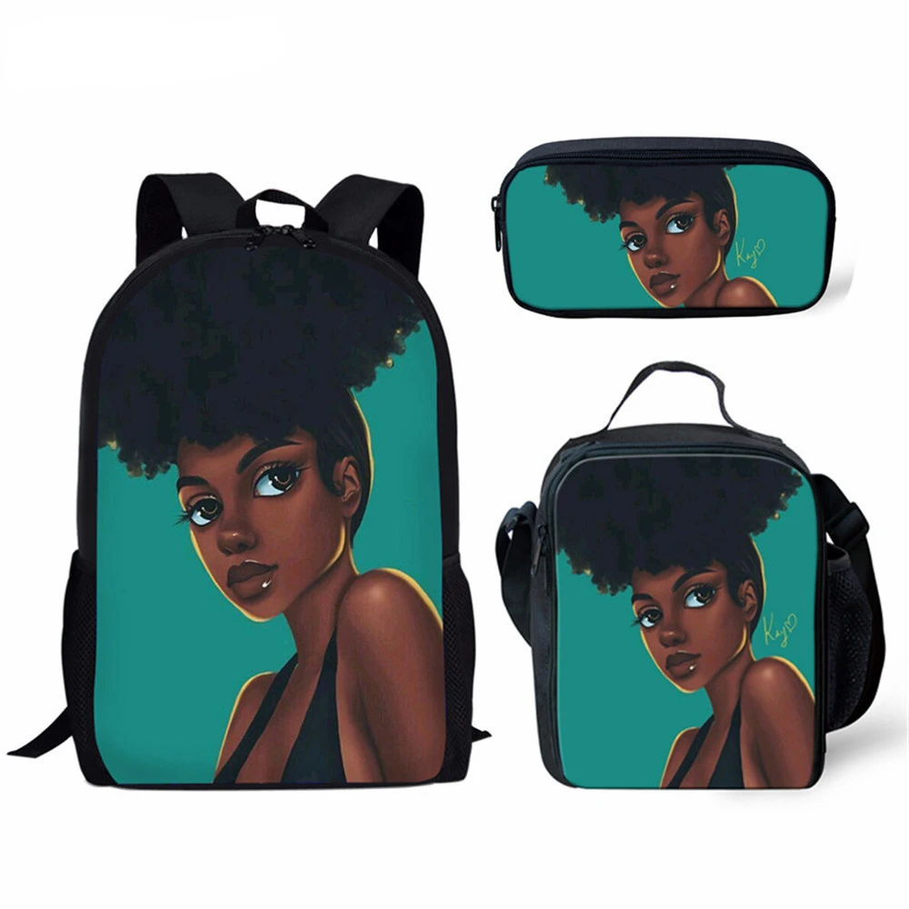 3Pcs/Set Black Queen Art African Girl Printing Backpack for Kids Boys Girls Daily Casual Campus School Bag Lunch Bag Pencil Bag