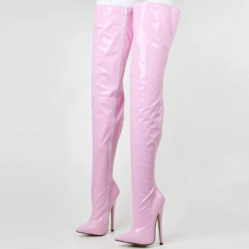 Sexy and sexy SM patent leather queen over the knee boots, extended by 18cm, pointed, thin heel, plus size, cross dressing, leg