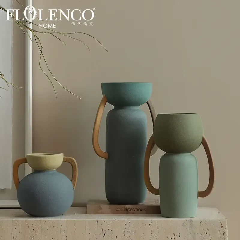 Flolenco Vintage Morandi Colors Durable Ears Ceramic Vase Small Decorative Tabletop Vase with Handle for Flower Home Art