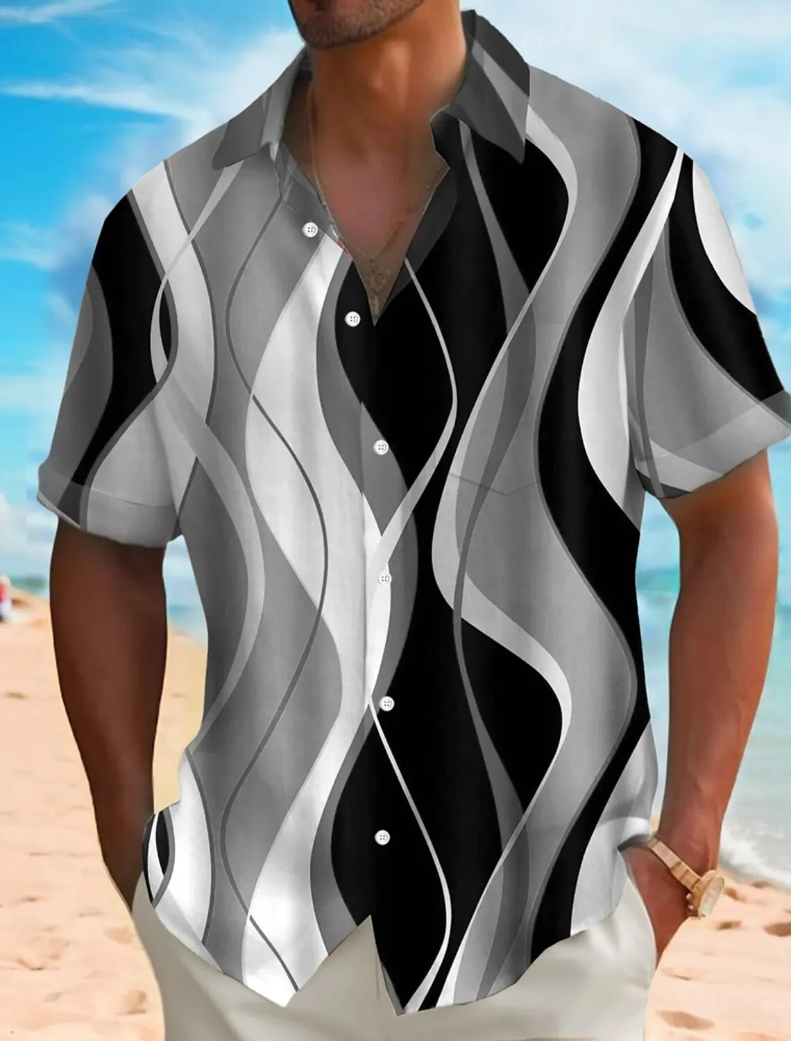 2025 Summer Men's  Geometric Waves Abstract Art Shirts Short SleeveTurndown Hawaiian Shirt Button Up Shirts No Pockets Shirts