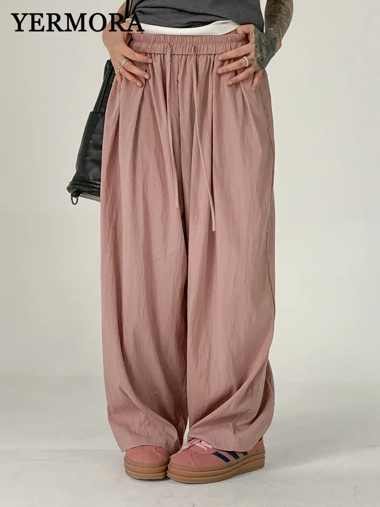 

YERMORA High Elastic Waist Pink Color Drawstring Casual Wide Leg Pants For Women Loose New Trousers Fashoin Tide Spring Summer