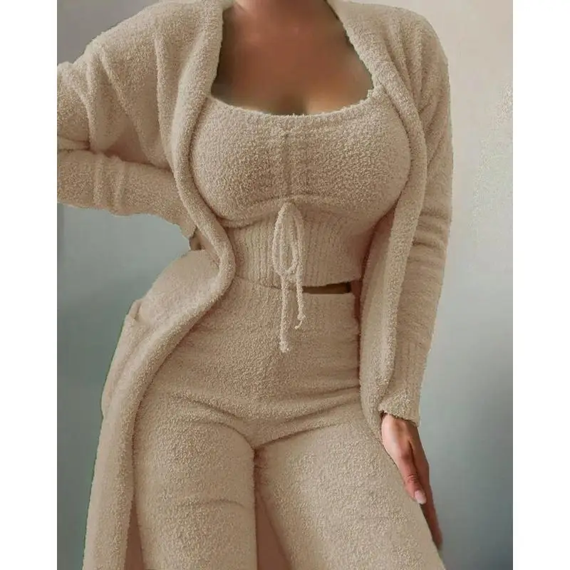 women's-plush-three-piece-set-lace-up-pajama-set-comfortable-home-clothes-couple-matching-sleepwear-soft-polyester-fabric
