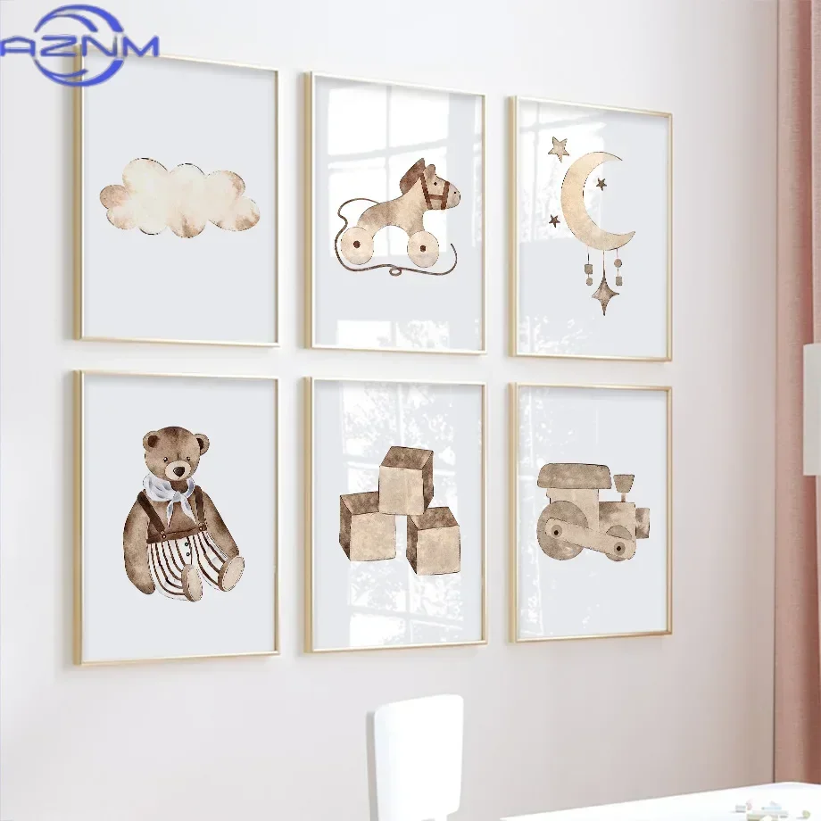 AZNM Boho Bear Toy Blocks Abacus Horse Boat Nursery Wall Art Canvas Painting Nordic Posters Prints Wall Pictures Kids Playroom D