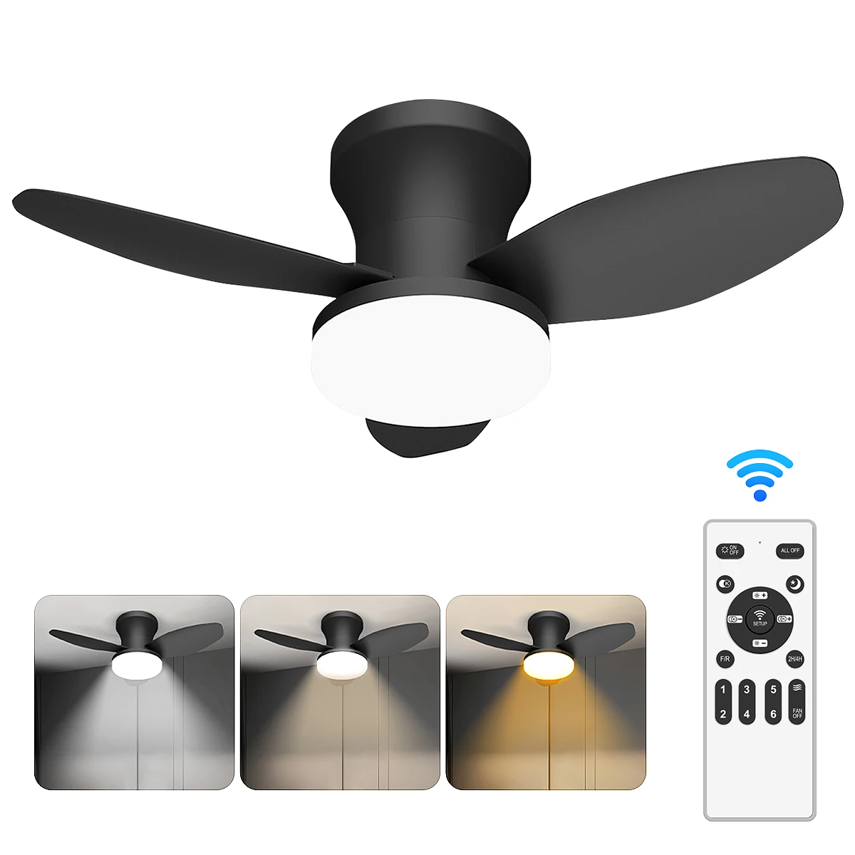 Low Profile Ceiling Fans with Lights and Remote, Dimmable 6 Speeds 3 Color Temperatures, Quiet Reversible DC Motor for Bedroom