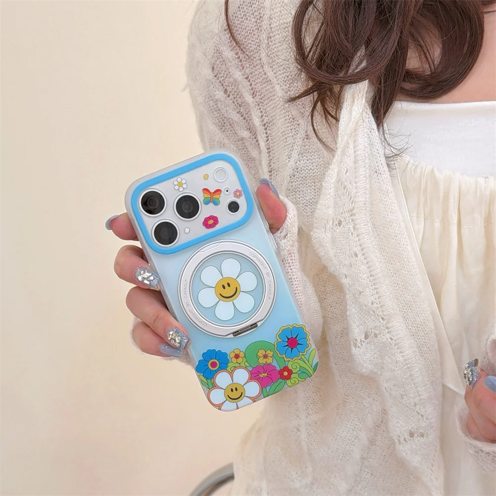 

Cute Sunflower Flower Phone Case for iPhone 17 16 15 Pro 16 Max 17 Pro Max Cover with Rotate Bracket Silicone Shockproof Funda