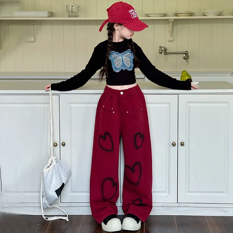 

Junior Girls 2pcs Outfit Autumn Teenager Girls Butterfly Printed Round Neck T-shirt Children Girls Elastic Waist Denim Pant Sets